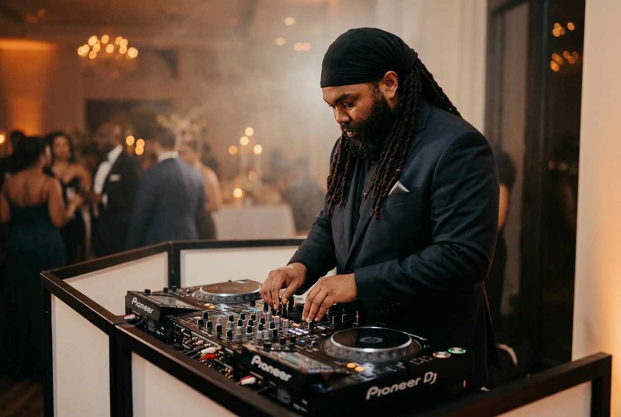 Rocspin DJ behind turntables at an upscale event